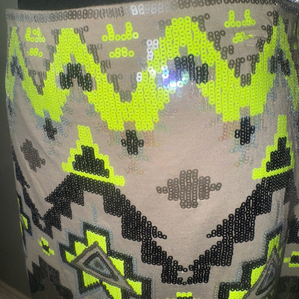 Sequin Express Aztec Mini Skirt in Neon Yellow Gray and Navy - Picture 2 of 3